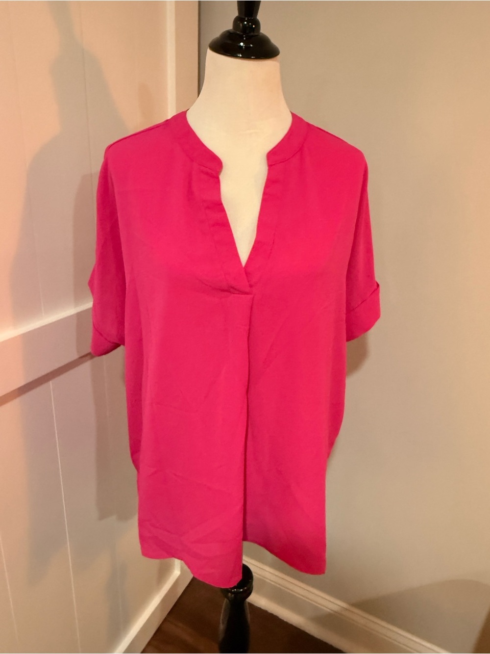 She + Sky Hot Pink Split V-Neck Blouse
